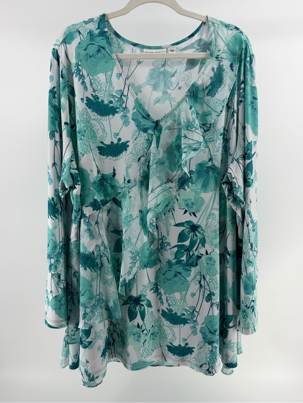 Susan Graver Liquid Knit Teal White Floral Long Sleeve V-Neck Blouse, Women's 3X